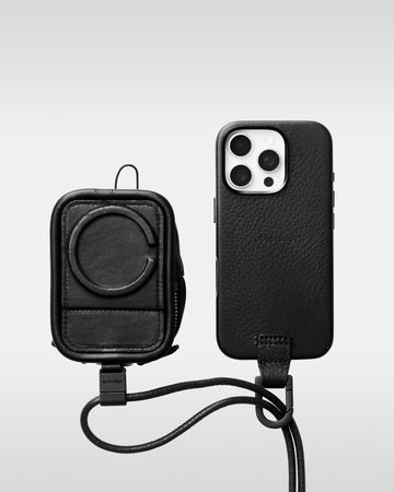 デタッチャブルストラップ + iPhoneケースセット - レザーパース - ブラック